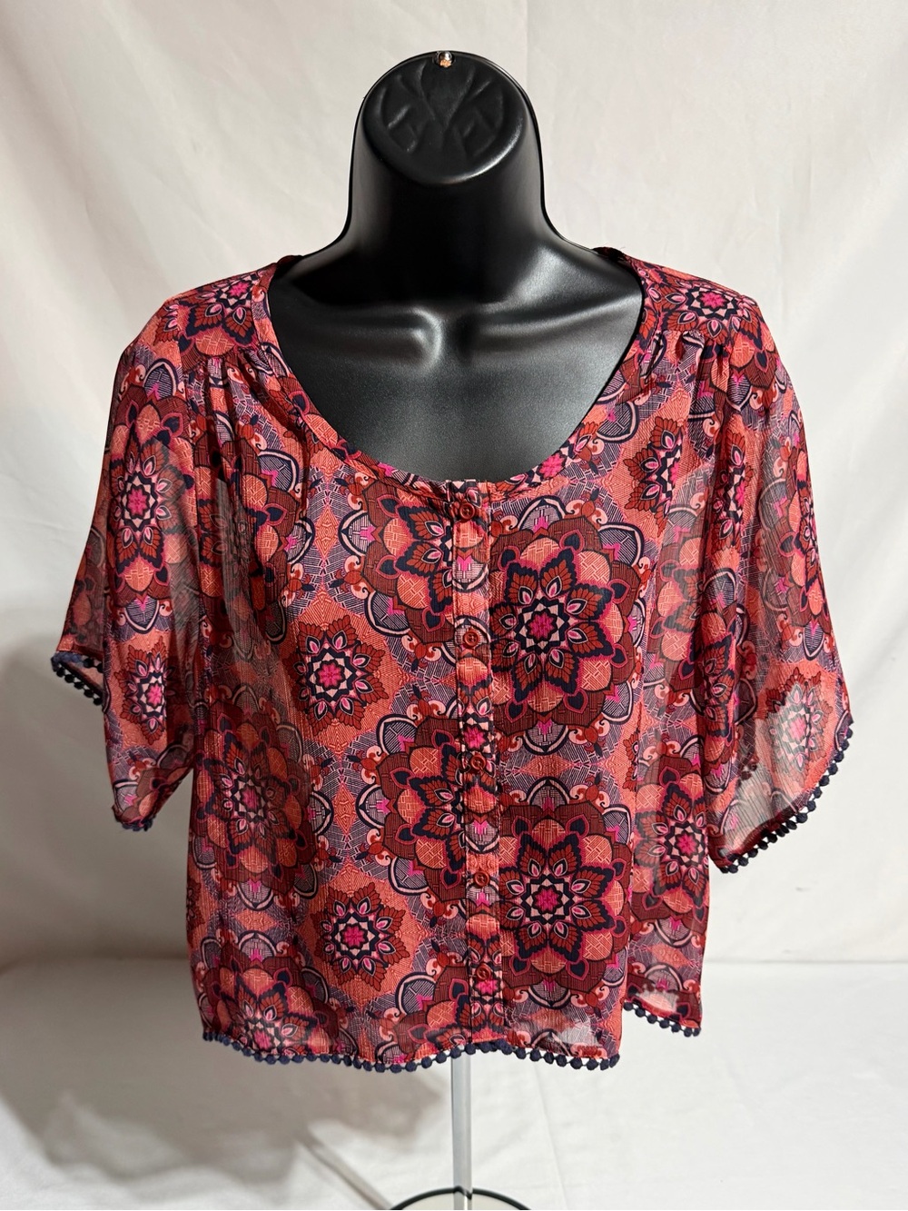 Mudd XS Boho Floral Pom Pom Sleeve Sheer Top Pink/Orange/ Navy